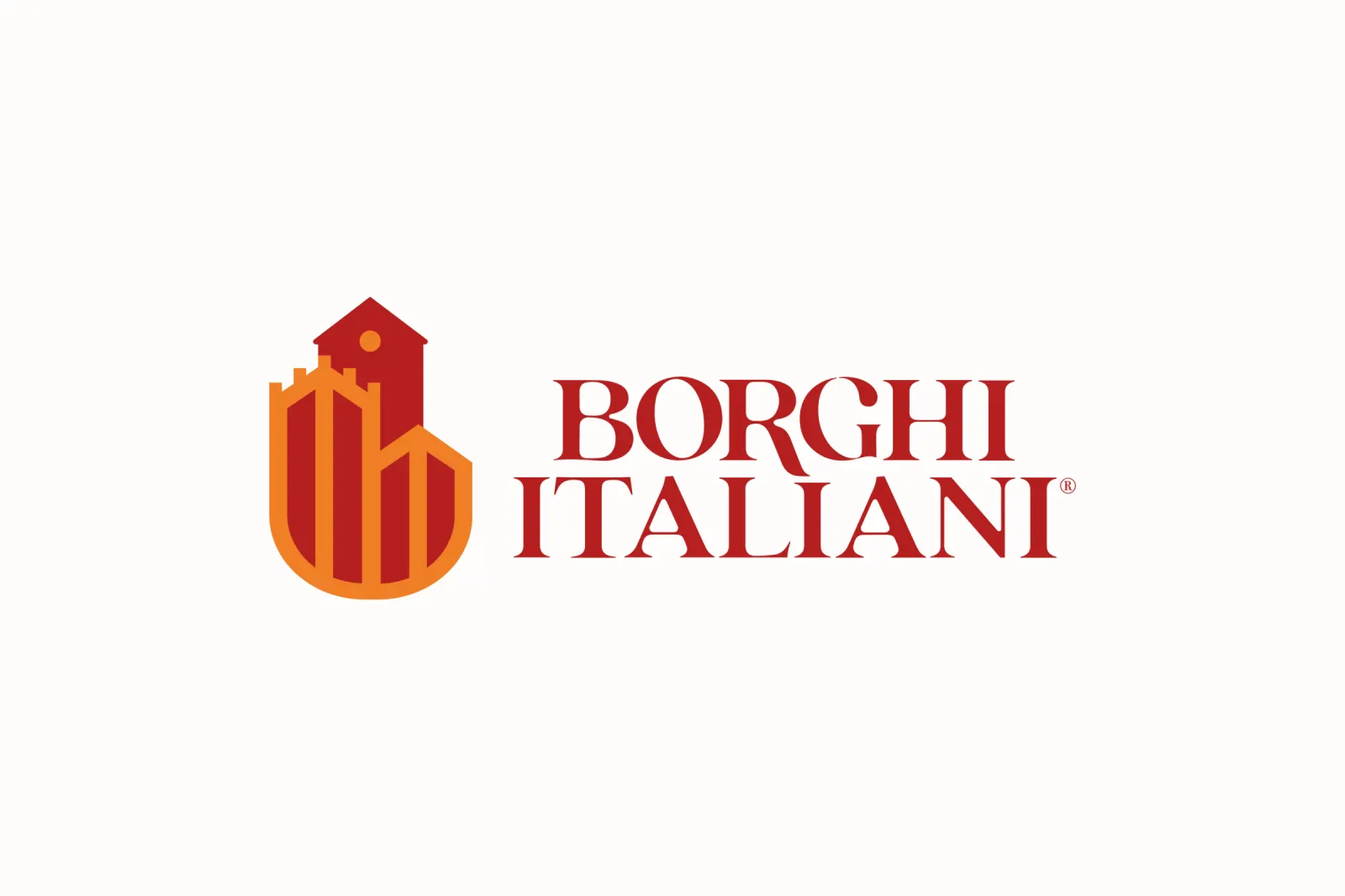 Il logo di Borghi Italiani disegnato da Cristiana Matassini: la torre di un borgo medievale nei toni arancio e rosso