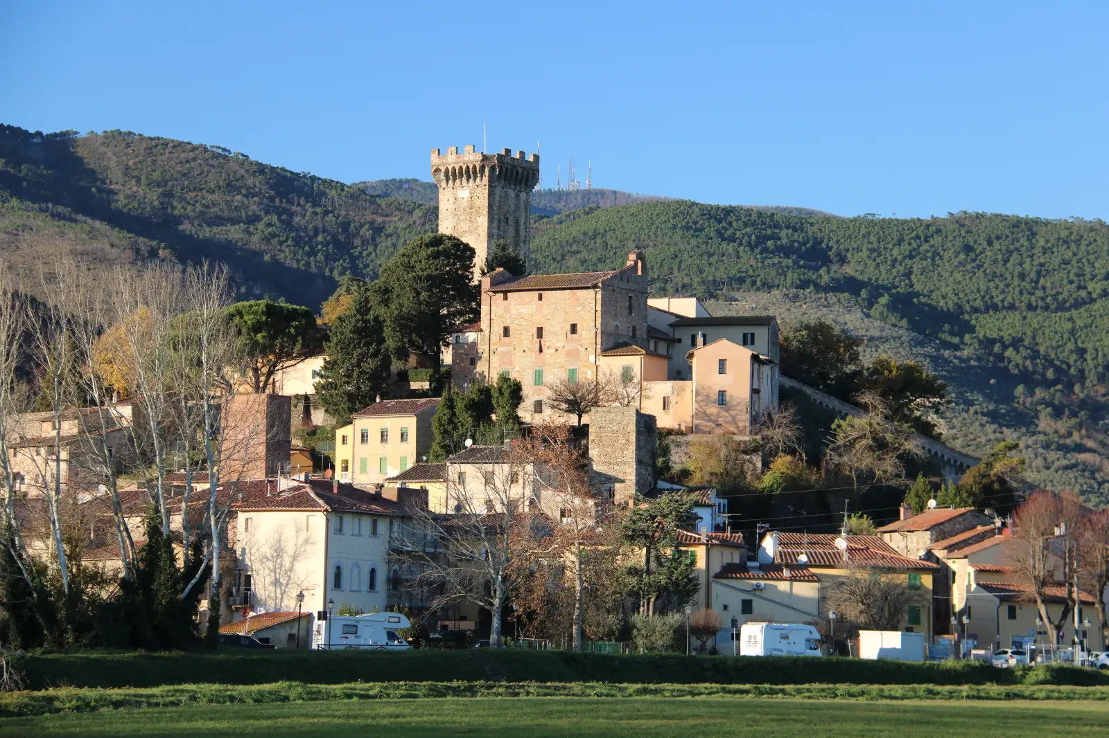 Veduta di Vicopisano con la torre e la collina boscosa del Monte Pisano