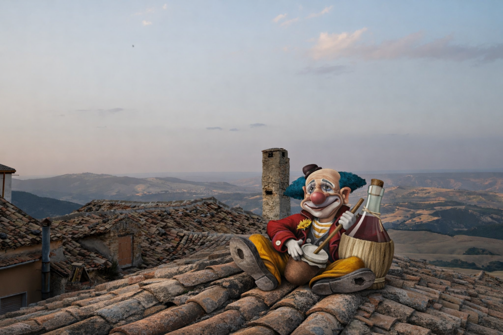Clown sopra un tetto durante il Carnevale di Stigliano